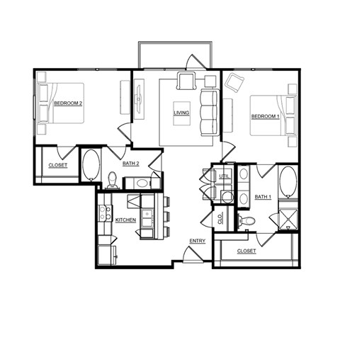 Floor plan for 2 beds, 2 baths, 1080 sqft